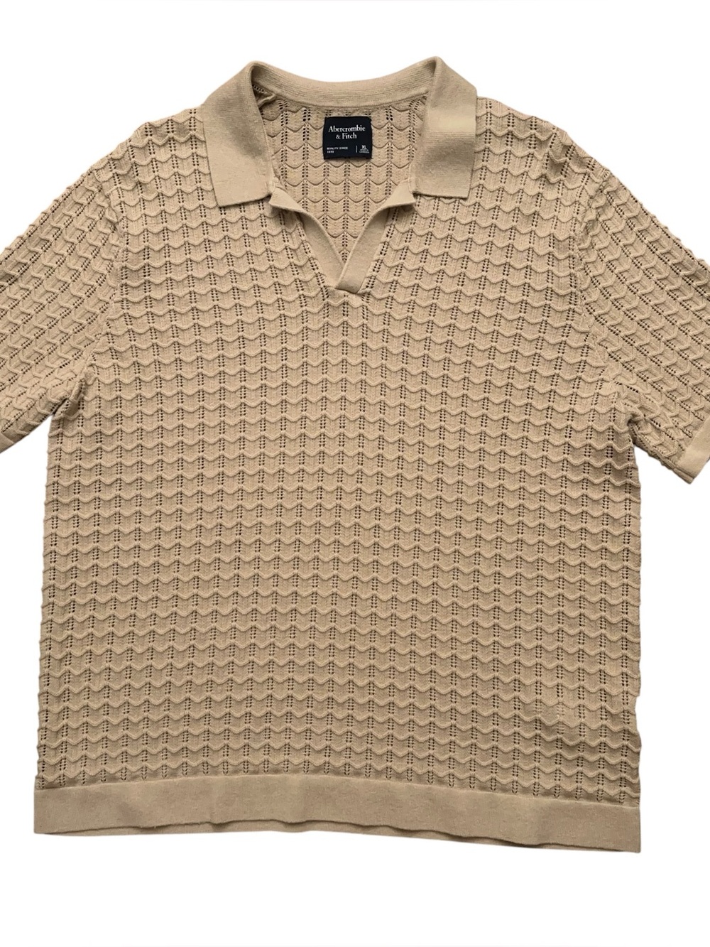 Abercrombie & Fitch Pointelle Stitch Johnny Collar Sweater Polo Mens XL Beige